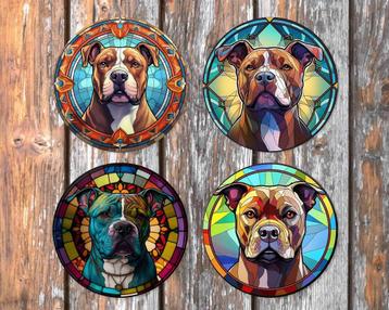 Staffordshire Bullterrier Glas in Lood onderzetters +houder beschikbaar voor biedingen