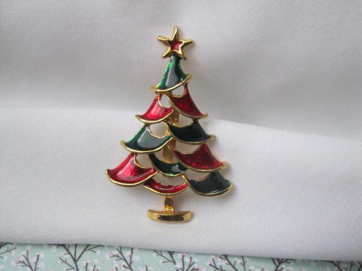 Broche kerst kerstboom rood groen emaille, Diversen, Kerst, Zo goed als nieuw, Verzenden