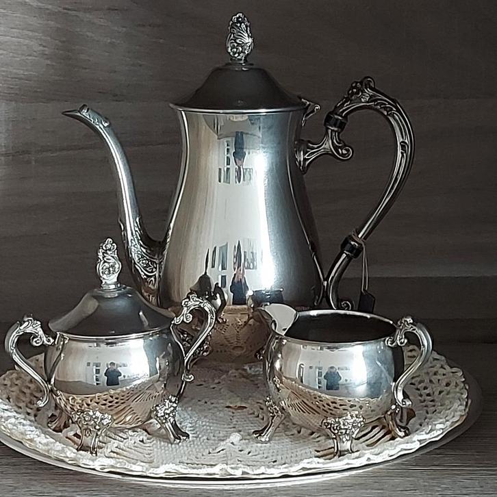 Verzilverd Koffieservies - 4 Delig, Antiek en Kunst, Antiek | Goud en Zilver, Ophalen