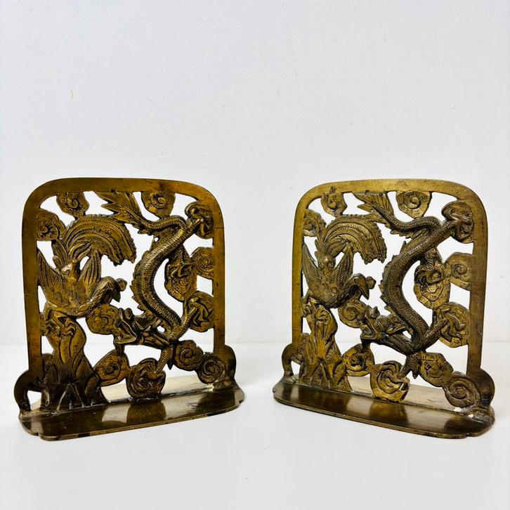 Set Chinese bronzen boekensteunen met draak en feniks 1930, Antiek en Kunst, Kunst | Niet-Westerse kunst, Ophalen of Verzenden