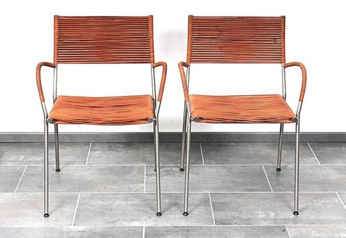 2 stoelen met armleuning Miss B van Tito Agnoli, Huis en Inrichting, Stoelen, Gebruikt, Twee, Leer, Metaal, Bruin, Ophalen of Verzenden