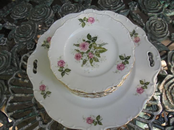 Gebakstel Seltmann WEiden Bavaria met roze roosjes gipskruid, Antiek en Kunst, Antiek | Servies compleet, Ophalen of Verzenden