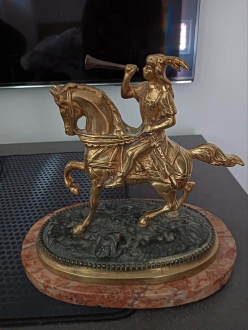 Bronzen Ruiter met Trompet op Marmeren Voet, Antiek en Kunst, Antiek | Koper en Brons, Brons, Ophalen