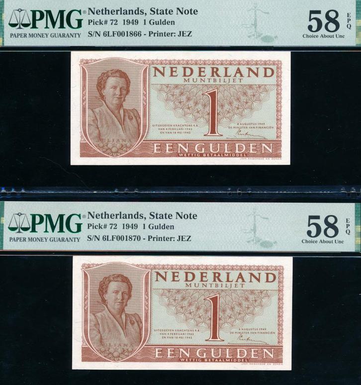 2x AUNC PMG 58 EPQ: 1 Gulden 1949 ‘Muntbiljet' Juliana, Postzegels en Munten, Bankbiljetten | Nederland, Setje, 1 gulden, Ophalen of Verzenden