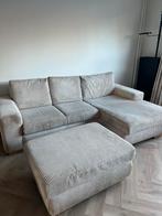 Beige/creme ribstof loungebank met poef/hocker, Ophalen, Gebruikt, 75 tot 100 cm, Stof