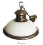Vintage hanglamp industrieel koper brons lamp kap glas wit, Ophalen of Verzenden, Glas, Vintage - retro - antiek, 50 tot 75 cm