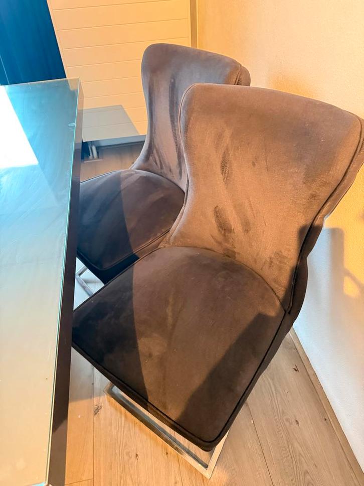 Eric Kuster Stoelen + Eettafel - Bruin, Huis en Inrichting, Stoelen, Gebruikt, Vier, Stof, Bruin, Ophalen of Verzenden