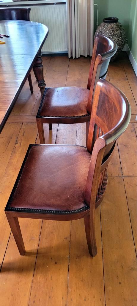 4 Leren Eetkamerstoelen, Huis en Inrichting, Stoelen, Gebruikt, Vier, Hout, Leer, Bruin, Ophalen