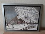 Olieverf schilderij winter landschap sneeuw boerderij bomen., Antiek en Kunst, Ophalen of Verzenden