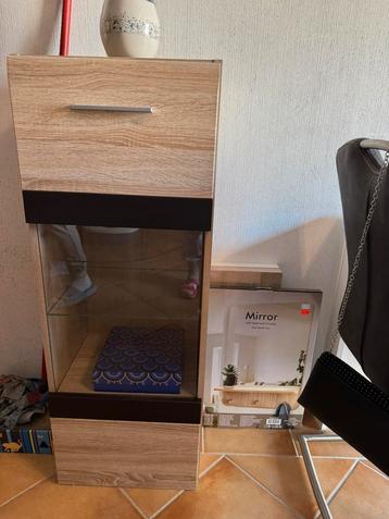 Twee smalle vitrinekasten in moderne houtlook beschikbaar voor biedingen