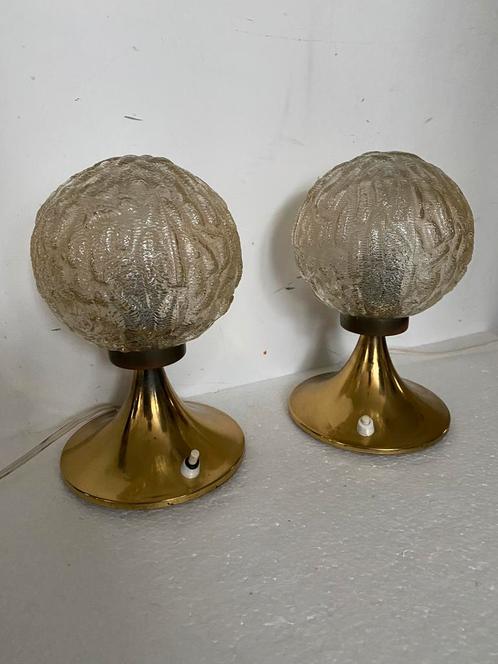 Set messing mushroom lampen (2) bedlampjes met Glazen bol, Huis en Inrichting, Lampen | Tafellampen, Gebruikt, Minder dan 50 cm