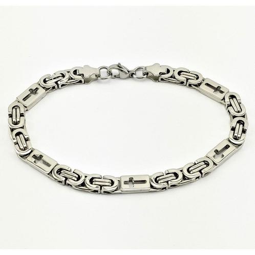 Zilverkleurige Stalen Heren Konings Armband Platte Schakels, Sieraden, Tassen en Uiterlijk, Armbanden, Nieuw, Staal, Zilver, Verzenden