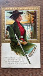 Vrouw met jachtgeweer. Reliëf. Konijnepoot. 1911, Verzamelen, Ophalen of Verzenden, Voor 1920, Gelopen, Overige thema's