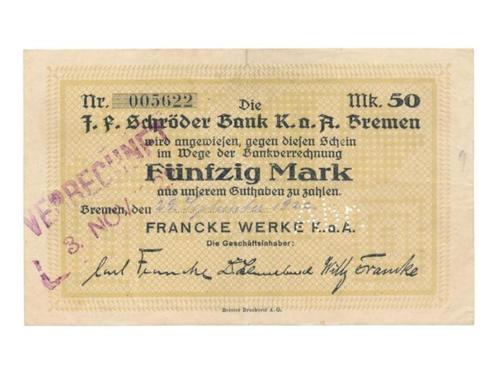 Duitsland 50 Mark 1923 Noodgeldbon Bremen/Francke Werke K. a, Postzegels en Munten, Bankbiljetten | Europa | Niet-Eurobiljetten