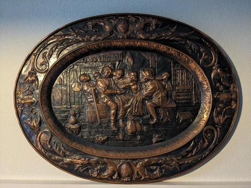 2x Mooi geslagen antiek koperen bord, ovaal met veel details, Antiek en Kunst, Antiek | Koper en Brons, Koper, Ophalen of Verzenden