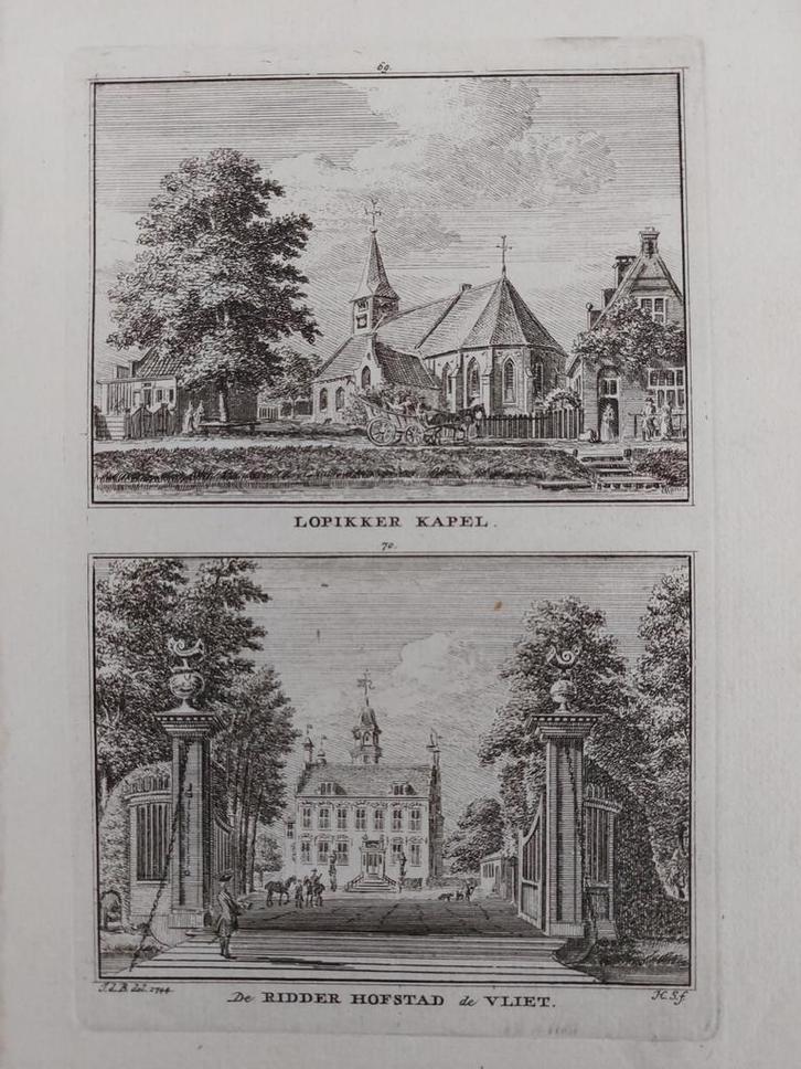69-70 / Lopikker Kapel en Ridderhofstad De Vliet  Gravure, Antiek en Kunst, Kunst | Etsen en Gravures, Ophalen of Verzenden