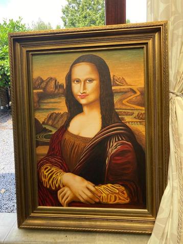 Groot olieverf schilderij Mona Lisa in gouden houten lijst beschikbaar voor biedingen