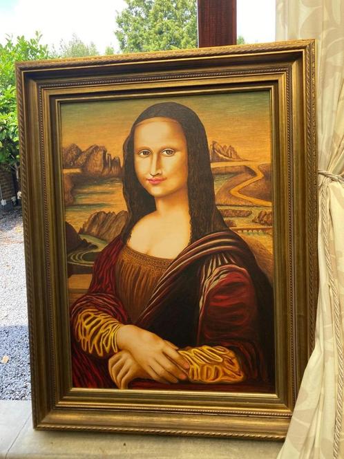 Groot olieverf schilderij Mona Lisa in gouden houten lijst, Antiek en Kunst, Kunst | Schilderijen | Klassiek, Ophalen