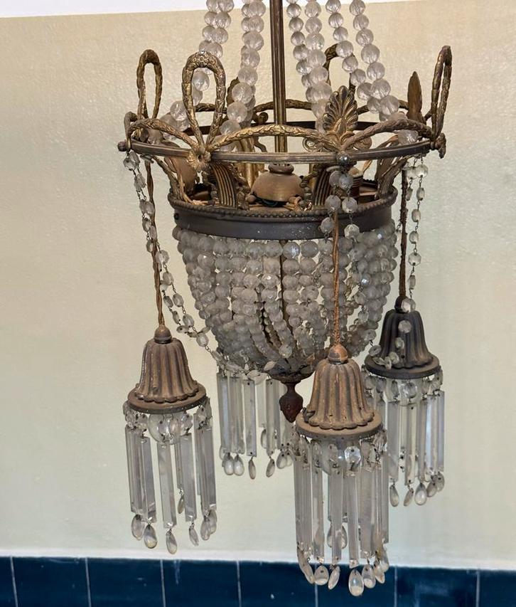 Antieke kristallen Kroonluchter met Bronzen Details, Antiek en Kunst, Antiek | Lampen, Ophalen