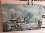 Olieverf schilderij Rotterdamse haven F. Burg, Ophalen of Verzenden, Motorboot, Kaart, Foto of Prent