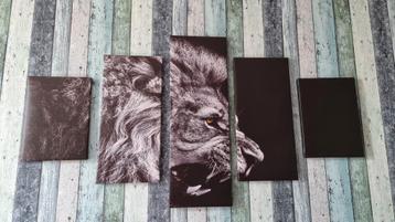 5 luik Canvas - Leeuw - Zwart wit - Schilderij beschikbaar voor biedingen