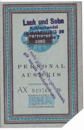 Personal Ausweis voor Britische Zone -kolenhandel Lauk 1949  beschikbaar voor biedingen