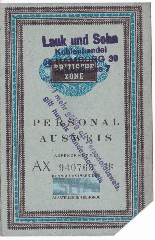 Personal Ausweis voor Britische Zone -kolenhandel Lauk 1949, Verzamelen, Militaria | Tweede Wereldoorlog, Overige soorten, Overige typen