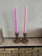 Roze kandelaars met twee kaarsen, Glas, Ophalen of Verzenden