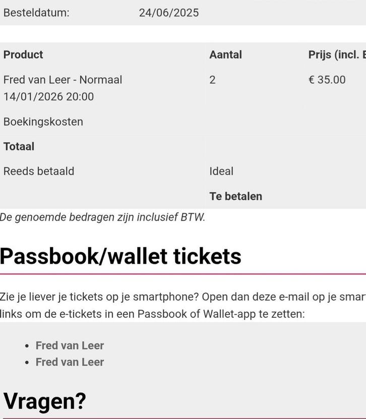 2 kaarten tour Fred van Leer, Tickets en Kaartjes, Kortingen en Cadeaubonnen, Eén persoon, Overige typen, Cadeaubon
