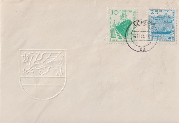 DDR 1958 V38 Zeehaven Rostock schepen Reliëf, Postzegels en Munten, Postzegels | Eerstedagenveloppen, Onbeschreven, Europa, Ophalen of Verzenden