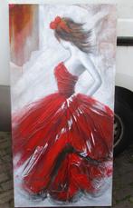 Mooi Groot Geschilderd Werk 'Vrouw met Rode Jurk' - 140x70, Antiek en Kunst, Kunst | Schilderijen | Klassiek, Ophalen of Verzenden