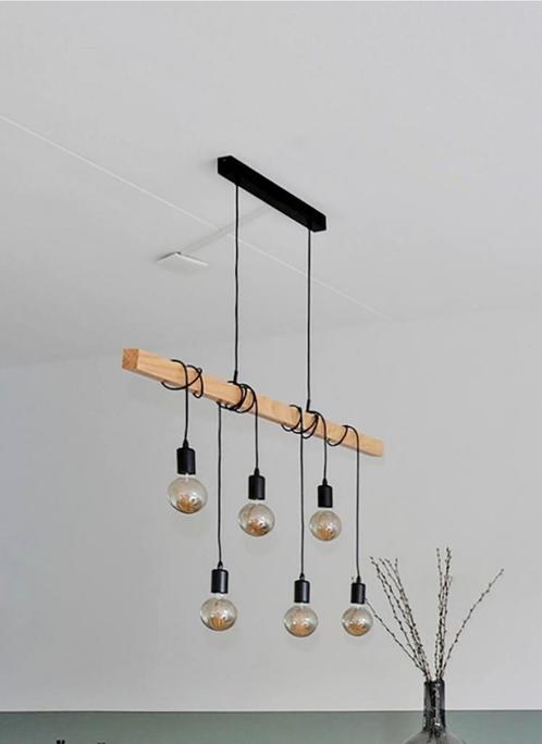 Industriële hanglamp met 6 dimbare design ledlampen, Huis en Inrichting, Lampen | Hanglampen, Zo goed als nieuw, Hout, Ophalen
