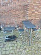 Bartafel met twee kruken en een thee trolly., Ophalen, Gebruikt, 60 tot 90 cm, Metaal