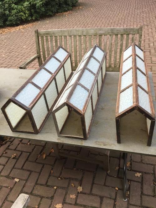 3 Art Deco lichtornamenten met 'electric blue' glas, uniek!, Antiek en Kunst, Curiosa en Brocante, Ophalen
