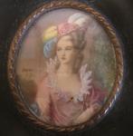 Vintage handgeschilderd miniatuur portret dame met hoed, Verzenden