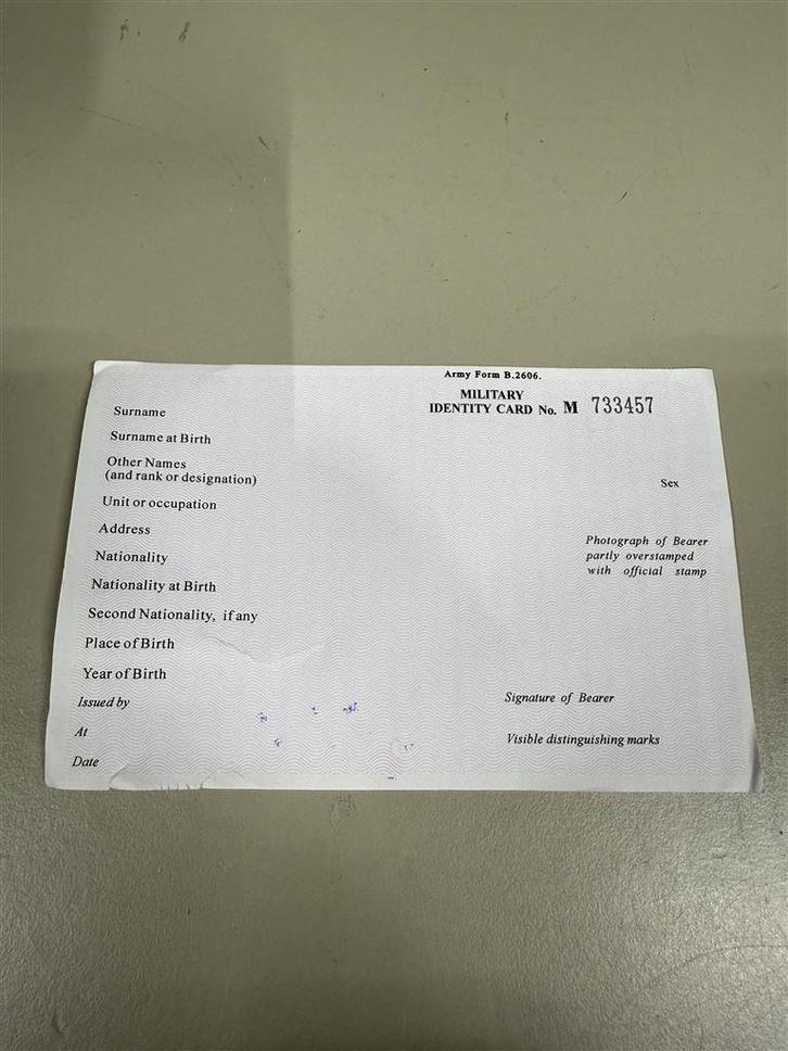 Militaire id kaart - Military identity card no M - Leeg, Verzamelen, Militaria | Algemeen, Landmacht, Nederland, Ophalen of Verzenden