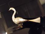 Antieke glazen kerstbal vogel op klem met veer zilver, Diversen, Kerst, Ophalen