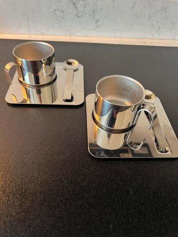 Dubbelwandige espressokopjes, schotels, lepel, Guido Bergna. beschikbaar voor biedingen
