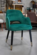 3 hippe eetkamerstoelen stof velvet groen armleuning velours, Huis en Inrichting, Stoelen, Ophalen, Hout, Overige kleuren, Drie