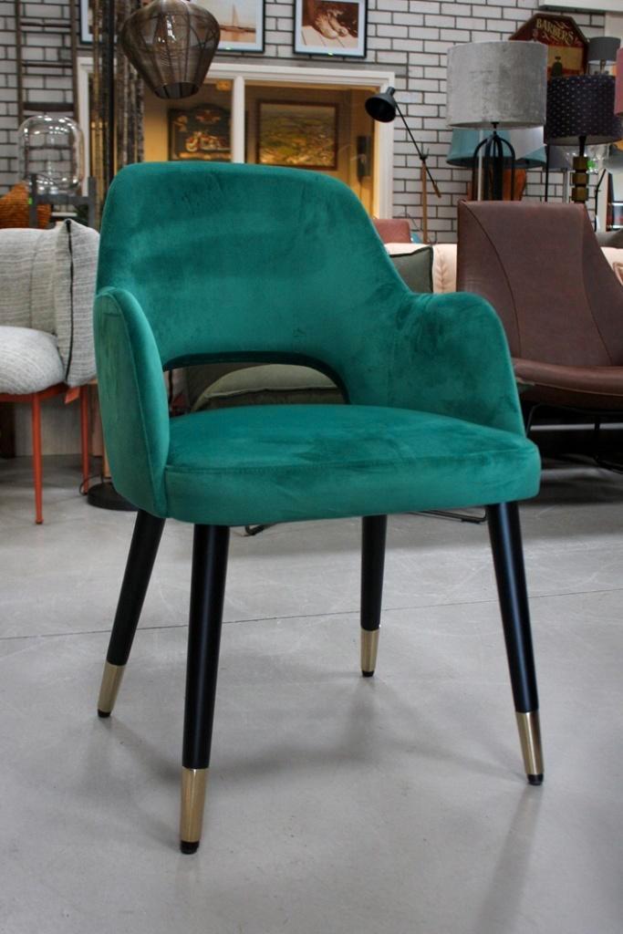 3 hippe eetkamerstoelen stof velvet groen armleuning velours, Huis en Inrichting, Stoelen, Zo goed als nieuw, Drie, Hout, Stof