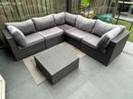 Wicker loungebank met hocker en losse fauteuil incl. kussens, Ophalen, Gebruikt, Bank, 6 zitplaatsen