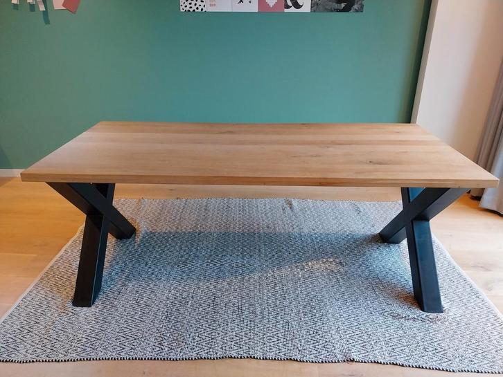 Massief eikenblad eettafel, tafelblad met industriële poten, Huis en Inrichting, Tafels | Eettafels, Zo goed als nieuw, 50 tot 100 cm