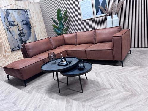 ZGAN Industriële Lederen Hoekbank - Cognac - 260 x 245, Huis en Inrichting, Banken | Bankstellen, Zo goed als nieuw, Hoekbank
