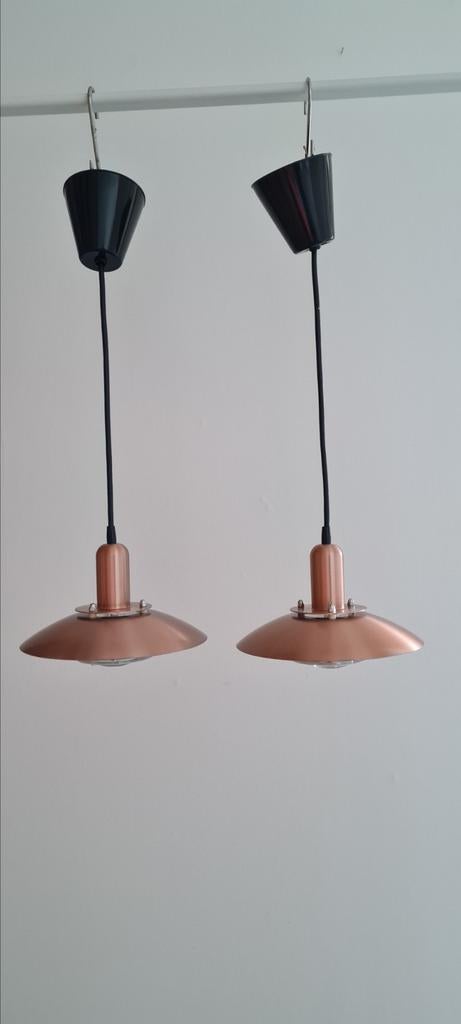 2 rose gouden Deense schalenhanglampen, Gebruikt, Vintage, Ophalen of Verzenden, Metaal