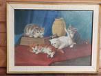 Schilderij kittens katten, olieverf op doek, signatuur., Antiek en Kunst, Ophalen of Verzenden