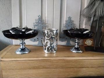 Prachtige set metaal/chroom schalen kerstballen + windlicht  beschikbaar voor biedingen
