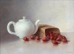 E. P. Moleveld (1946) - Stilleven met aardbeien en theepot, Antiek en Kunst, Kunst | Schilderijen | Klassiek, Ophalen of Verzenden