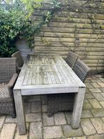 Houten tuintafel met 4 kunststof stoelen, Ophalen, Gebruikt, Rechthoekig, Hout