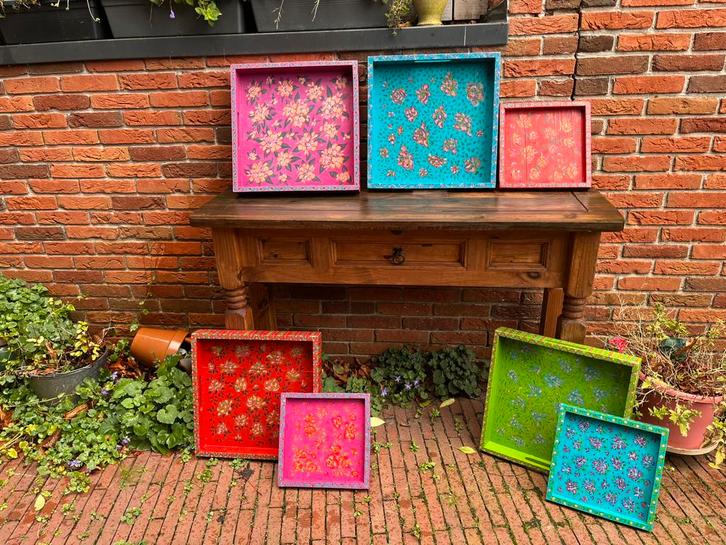 Handgeschilderde dienbladen, Huis en Inrichting, Woonaccessoires | Dienbladen, Zo goed als nieuw, Hout, Vierkant, Ophalen of Verzenden