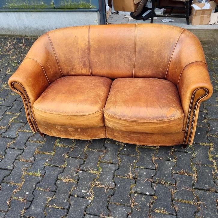 2x schapenleren bank vintage Joris + BEZORGING GRATIS, Huis en Inrichting, Banken | Bankstellen, Gebruikt, Rechte bank, Leer, Ophalen of Verzenden